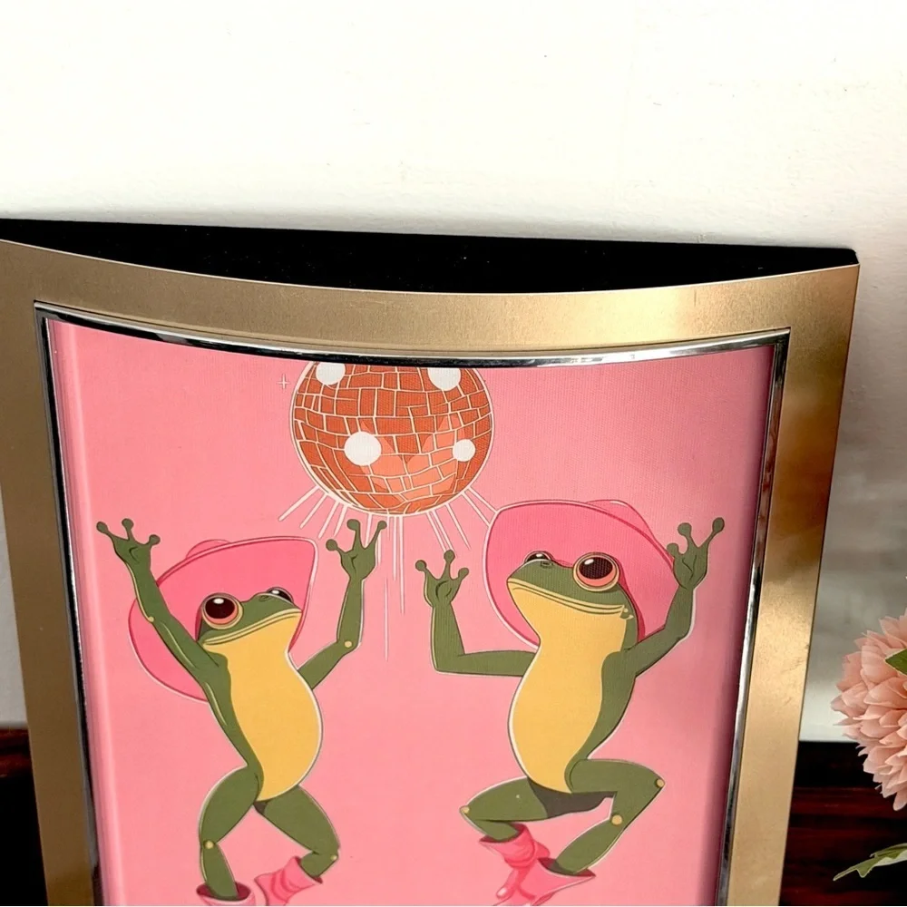 Disco Dancing Frogs Disco Mirror Ball Cowboy Boots Hats Framed Canvas Print Art